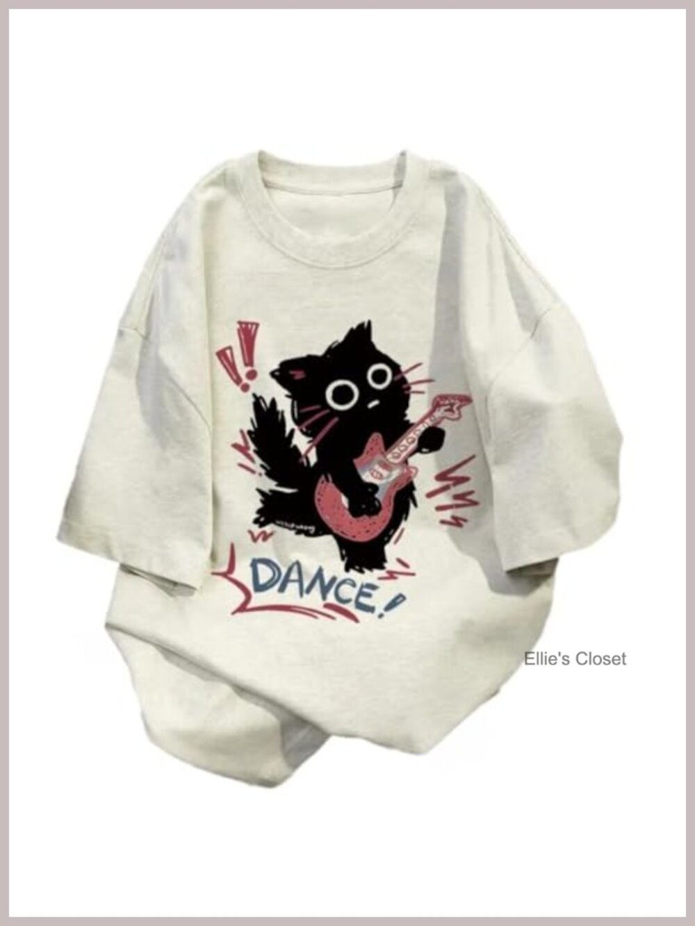 Y2K Cat Graphic Oversized Tee Black Guitar Streetwear Grunge